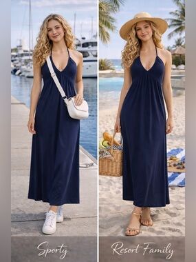 NWT Navy Halter Maxi Dress | Stretch | XSmall | Resort Wedding Guest Dress